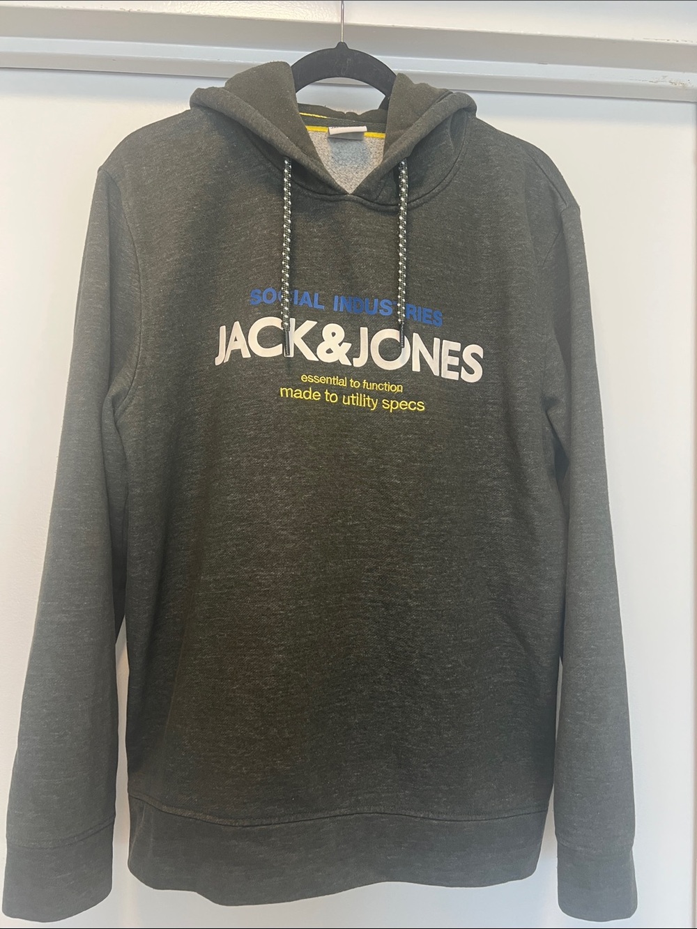Jack & Jones Charcoal Hooded Sweatshirt with White Logo and Blue Accent